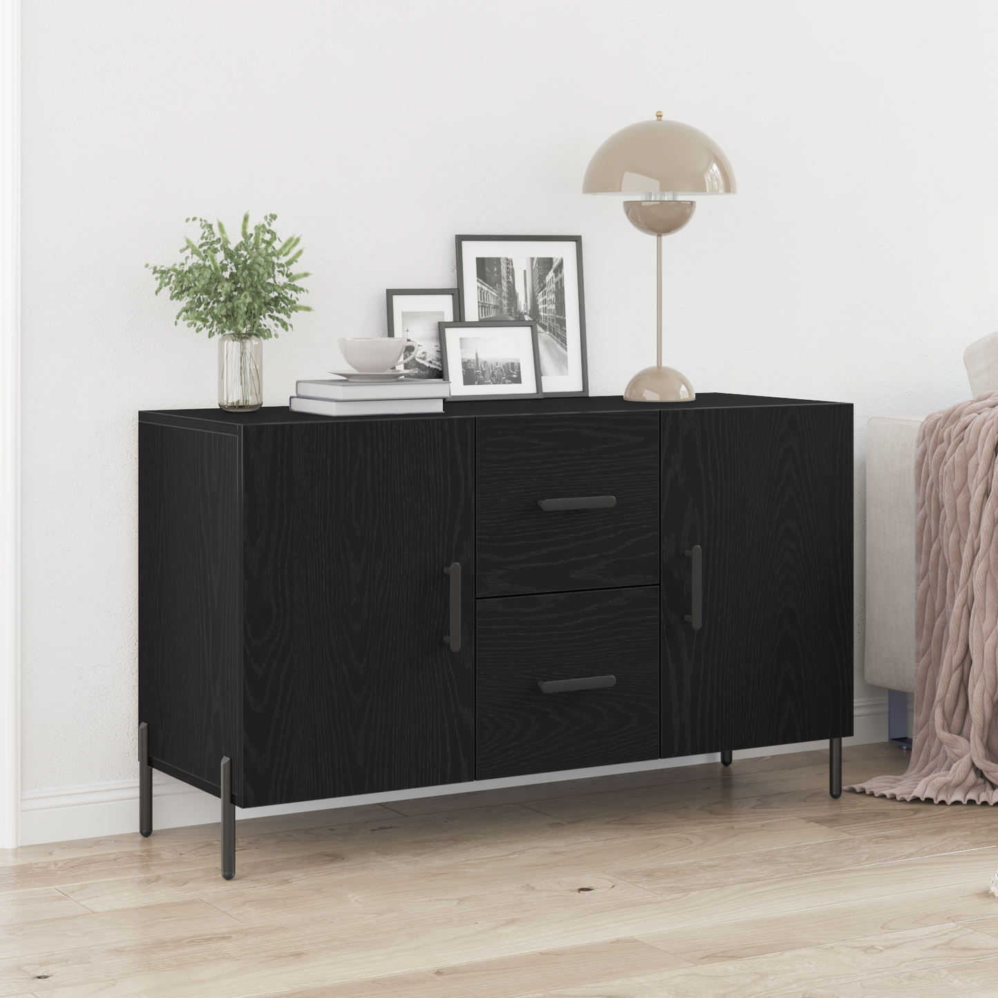 Sideboard Med Skuffe Sort Eg 100 X 36 X 60 Cm Konstrueret Træ