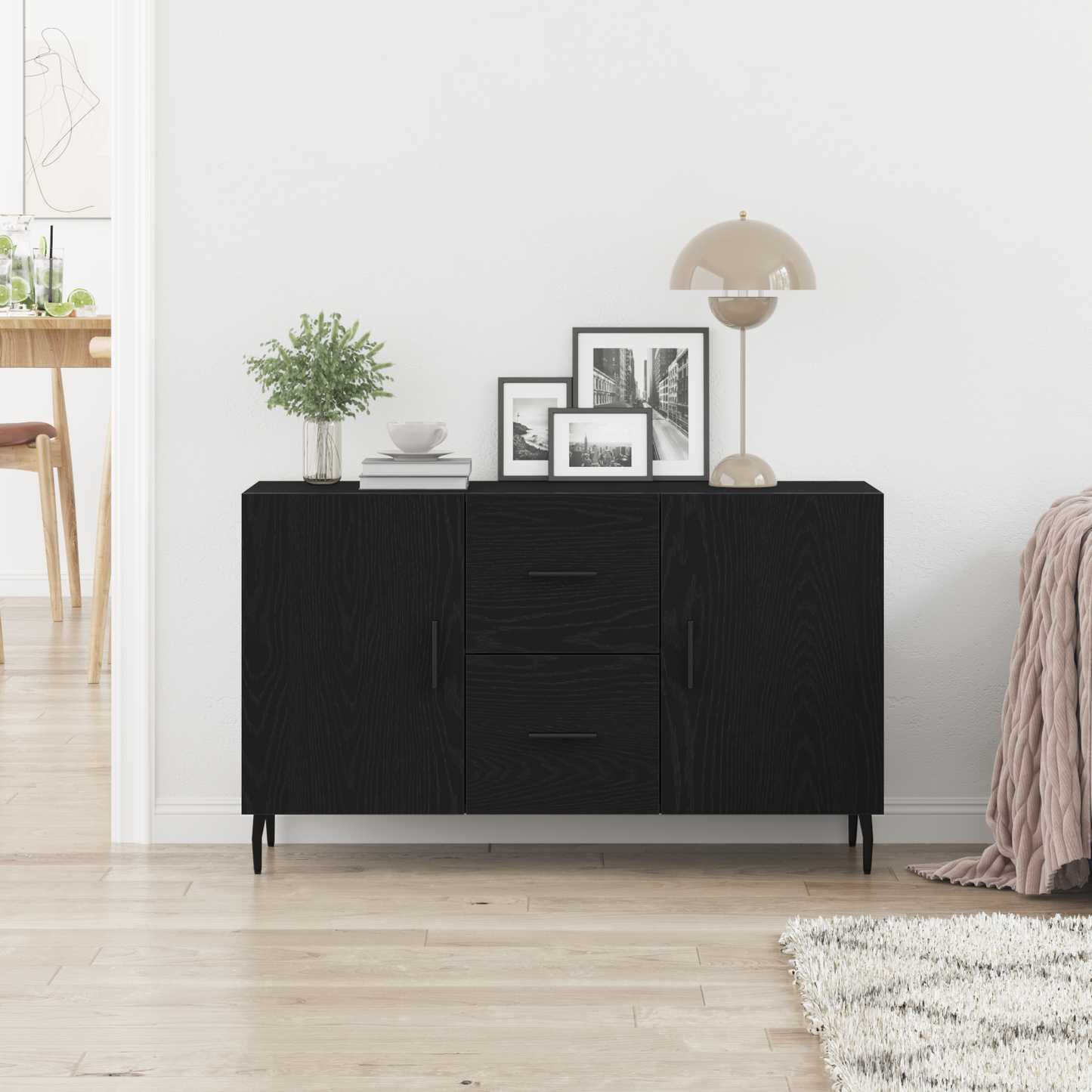 Sideboard Med Skuffe Sort Eg 100 X 36 X 60 Cm Konstrueret Træ