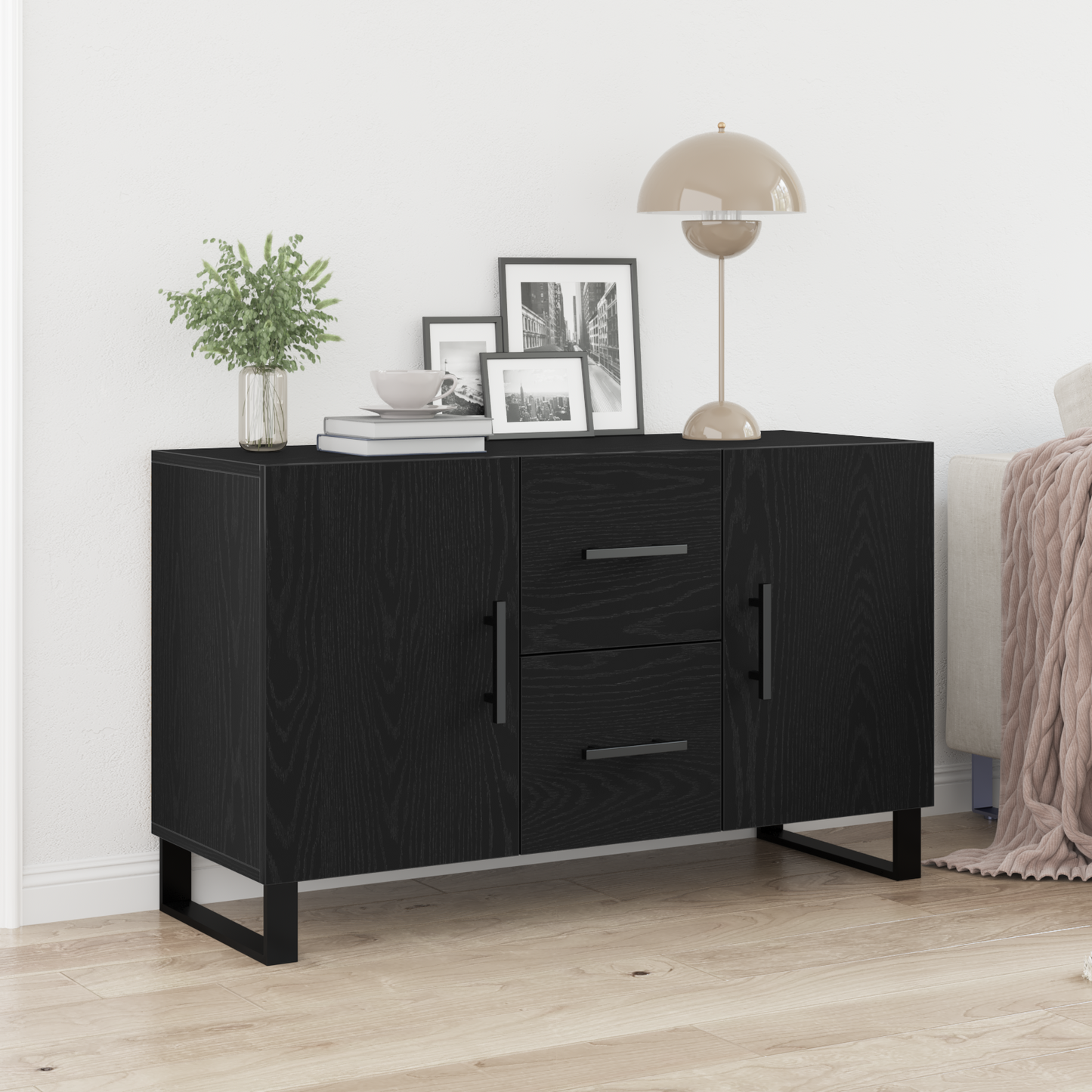 Sideboard Med Skuffe Sort Eg 100 X 36 X 60 Cm Konstrueret Træ
