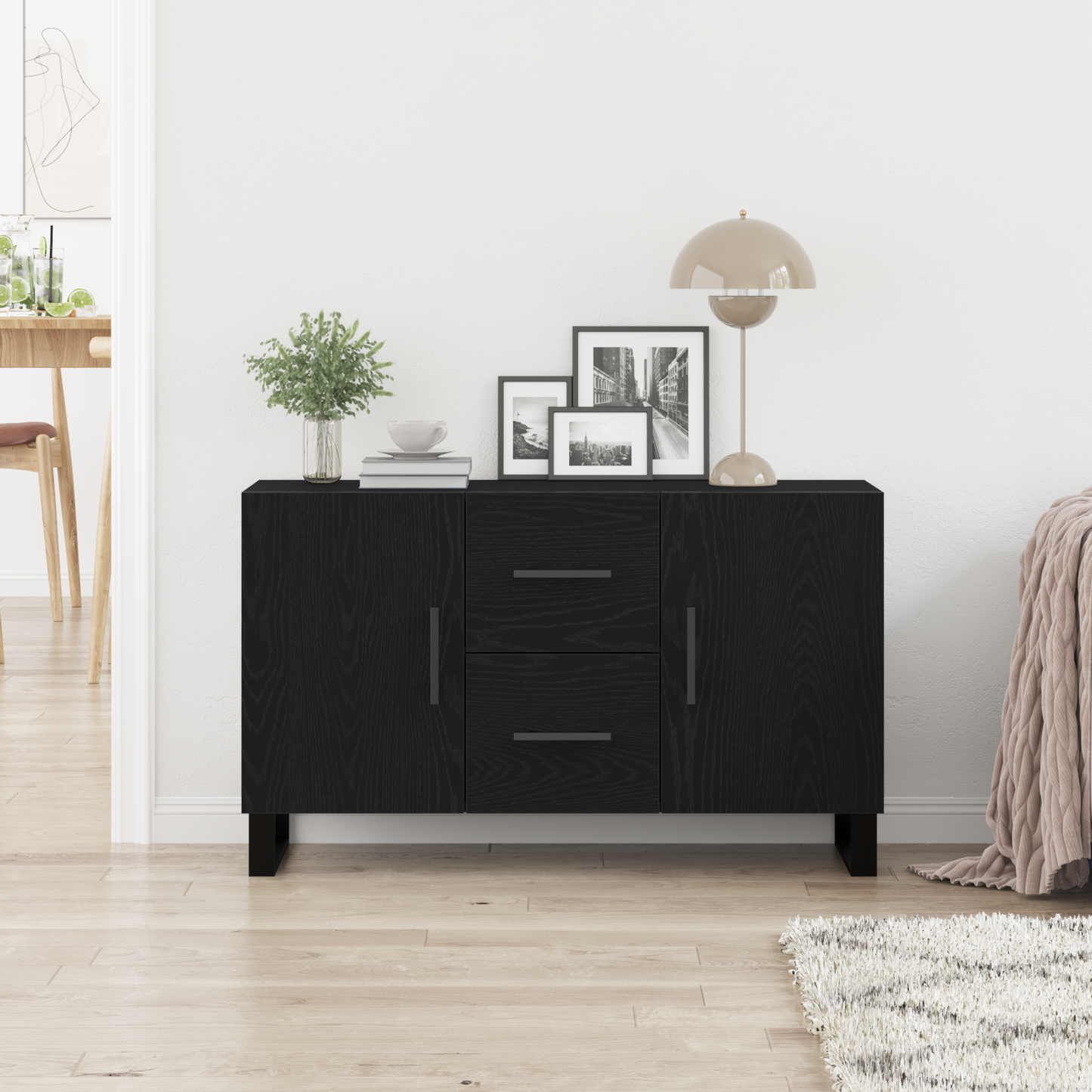 Sideboard Med Skuffe Sort Eg 100 X 36 X 60 Cm Konstrueret Træ