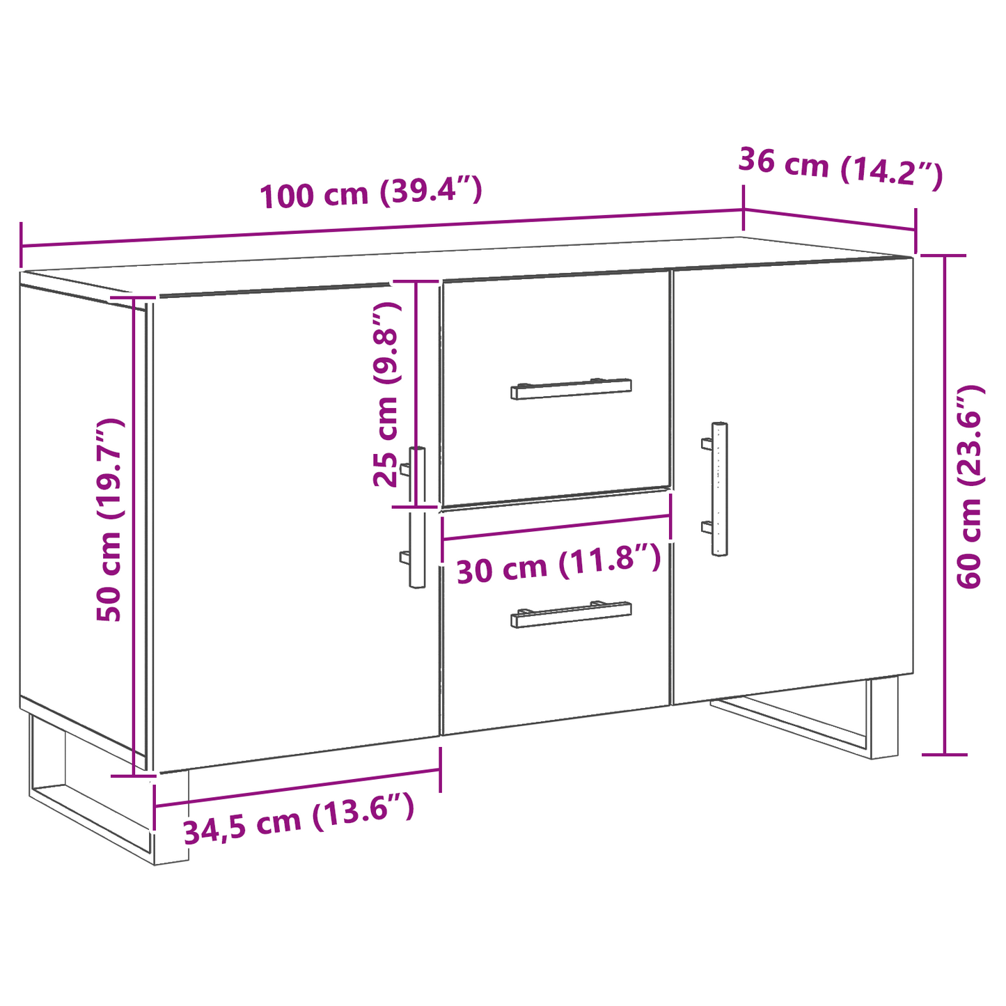 Sideboard Med Skuffe Sort Eg 100 X 36 X 60 Cm Konstrueret Træ