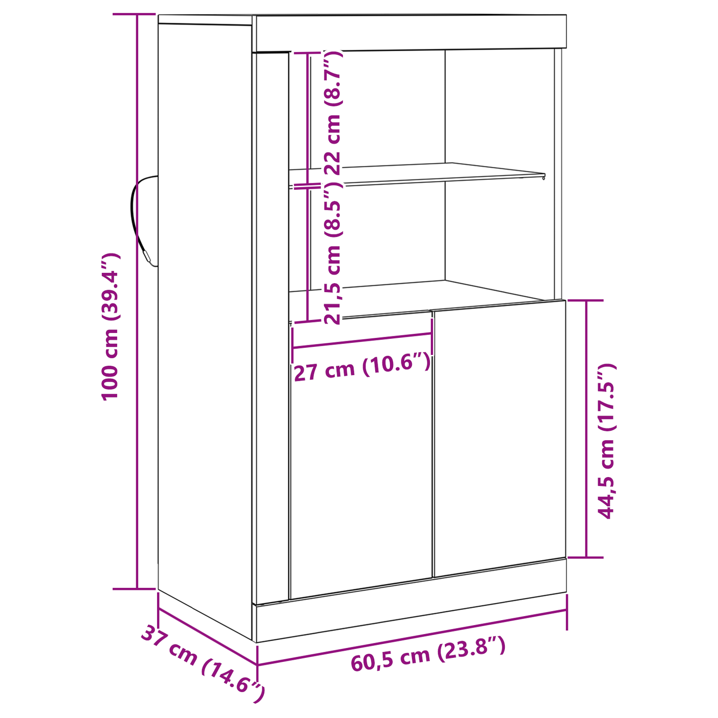 Sideboard Med Led Lys Sort Eg 60,5X37X100 Cm