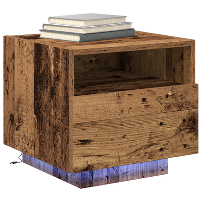 Sengebord Med Led-Lys Gammel Træ 40X39X37 Cm