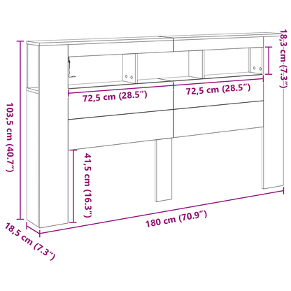 Opbevaringshovedgærde Med Led-Lys Sort Eg 180X18,5X103,5 Cm