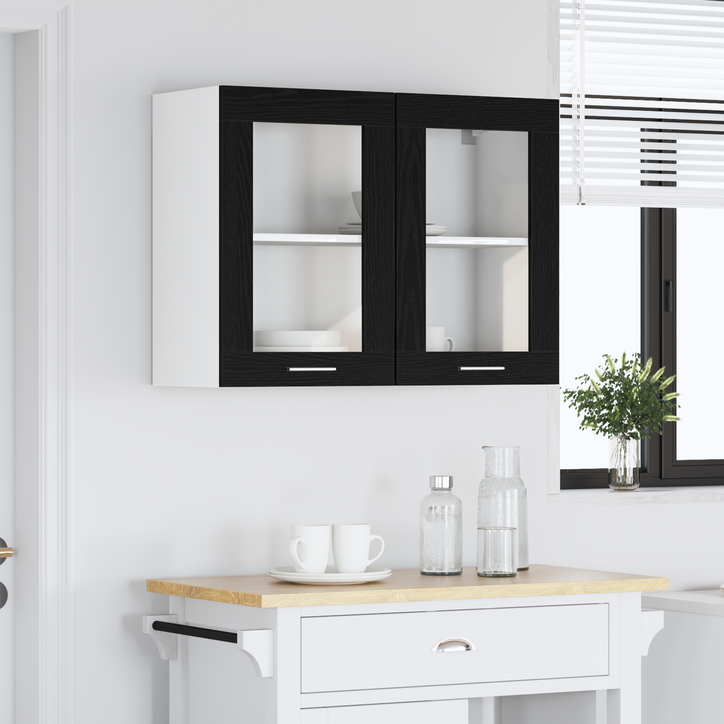 Sort Eg Hængende Glaskabinet 80X31X60 Cm Fremstillet Af Konstrueret Træ