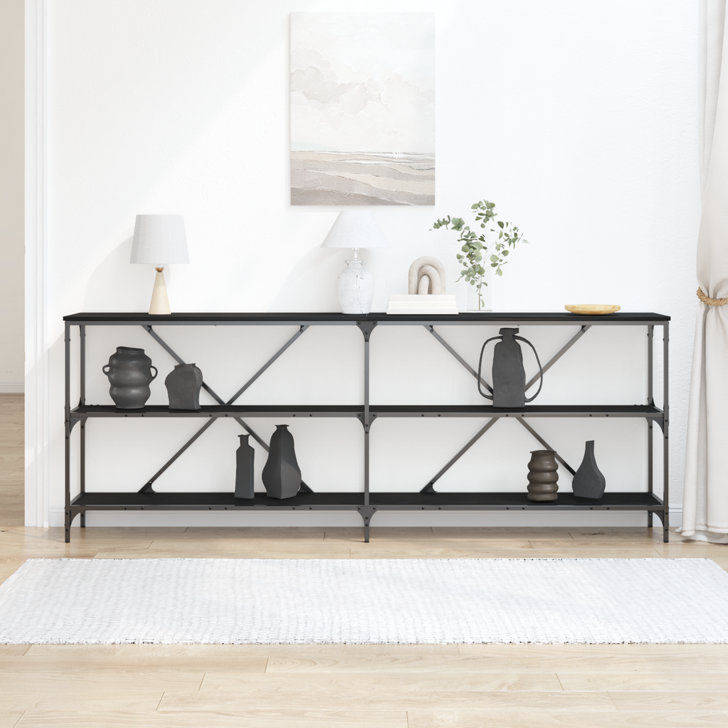 Konsolbord Sort Eg 200X30X75 Cm Ingeniørtræ Og Stål