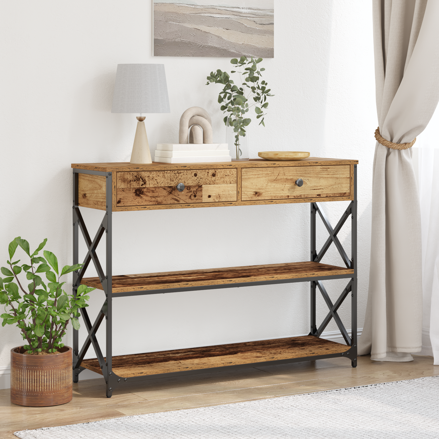 Konsolbord Gamle Træ 100X28X75 Cm Ingeniørtræ & Stål