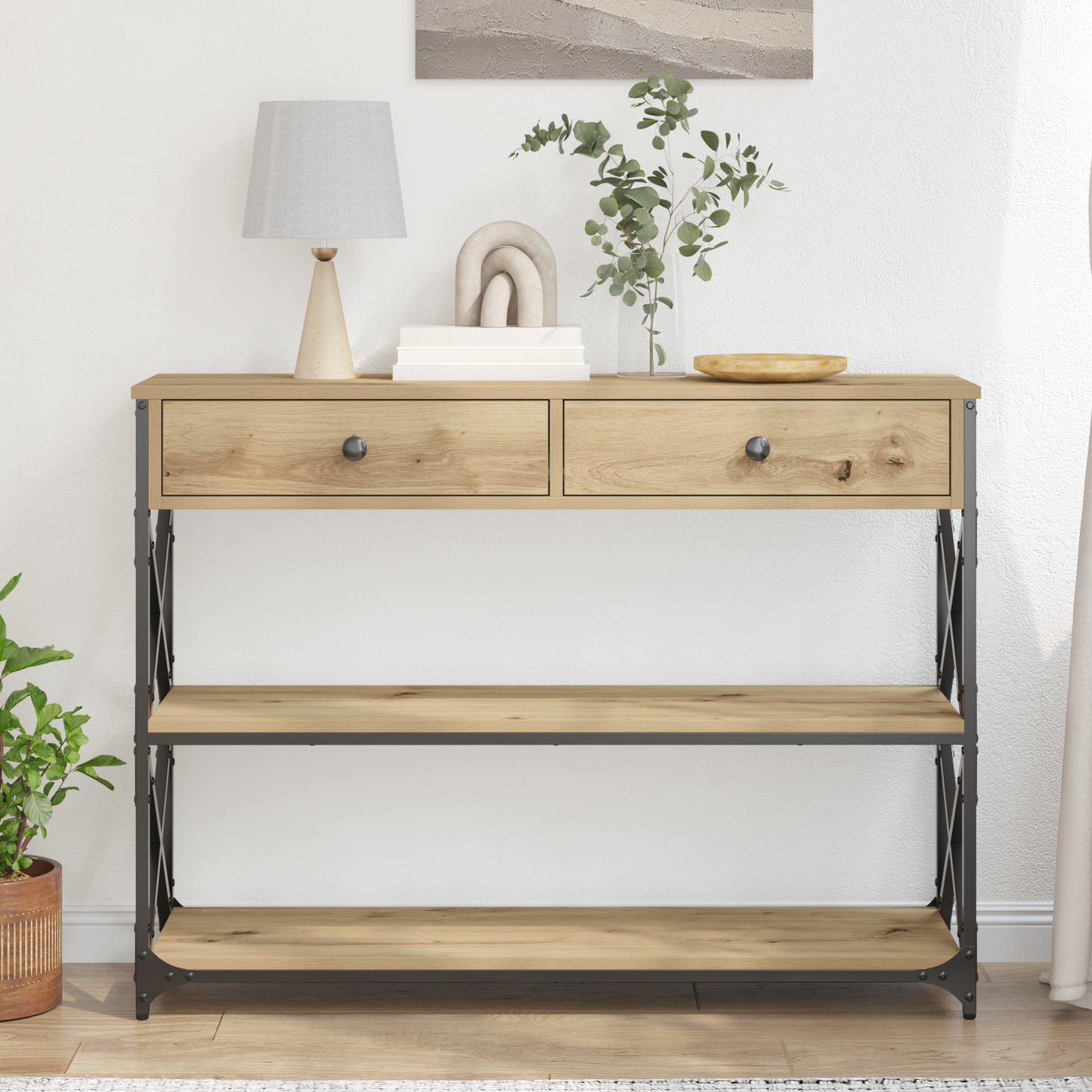 Konsolbord Artisan Egetræ 100X28X75 Cm Ingeniørtræ & Stål