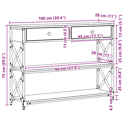 Konsolbord Sort Eg 100X28X75 Cm Konstrueret Træ & Stål