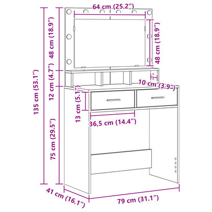 Makeupbord Med Skuffe Sort Eg 79 X 41 X 135 Cm Konstrueret Træ