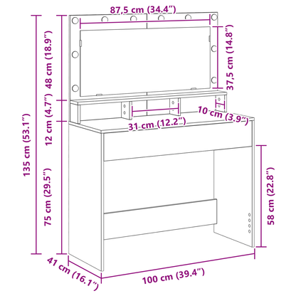 Makeupbord Sonoma-Eg 100 X 41 X 135 Cm Konstrueret Træ