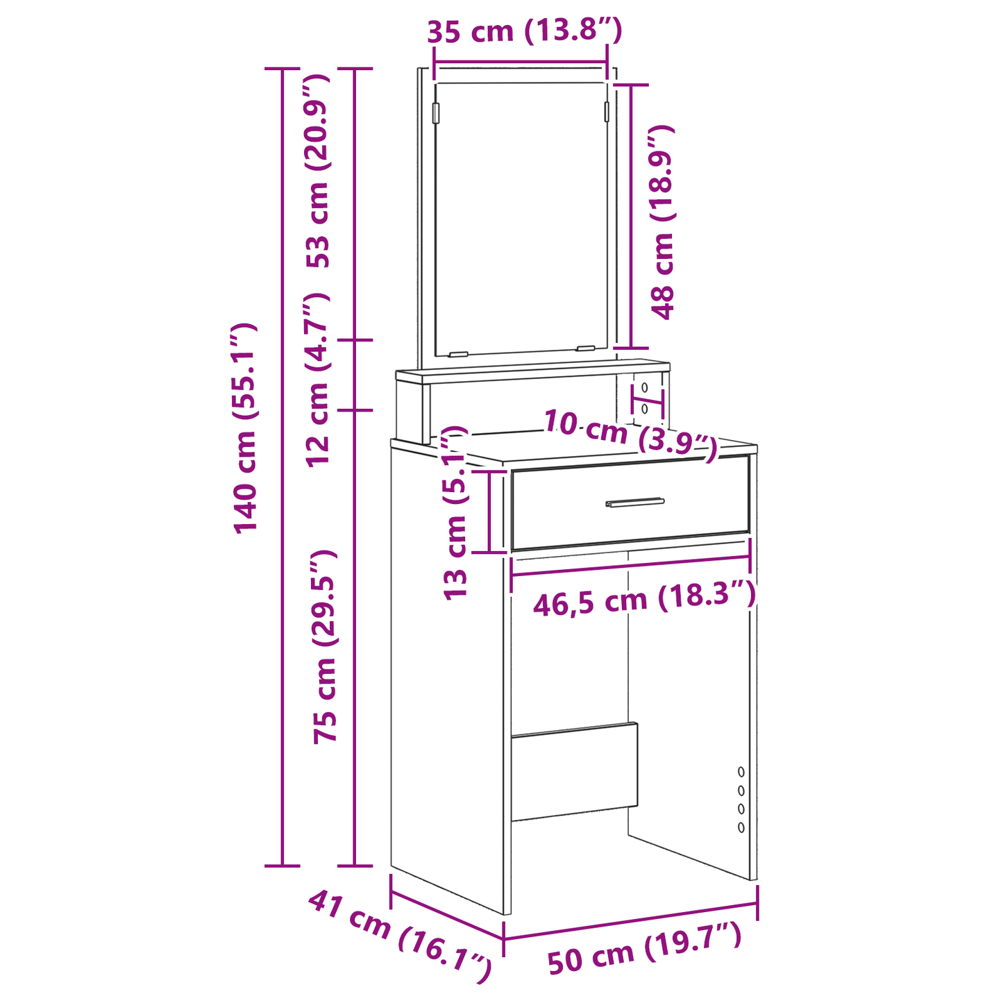 Dressingbord Med Hylde Brun Eg 50 X 41 X 140 Cm Konstrueret Træ