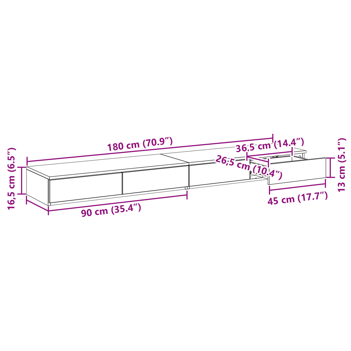Sengebordsskuffer I Røget Egetræ - 180X36.5X16.5 Cm - Lavet Af Spånplade