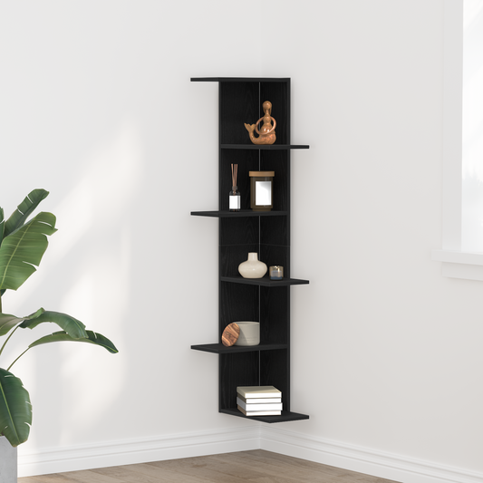 Væghjørneshylde Sort Eg 36,5X36,5X140 Cm Konstrueret Træ