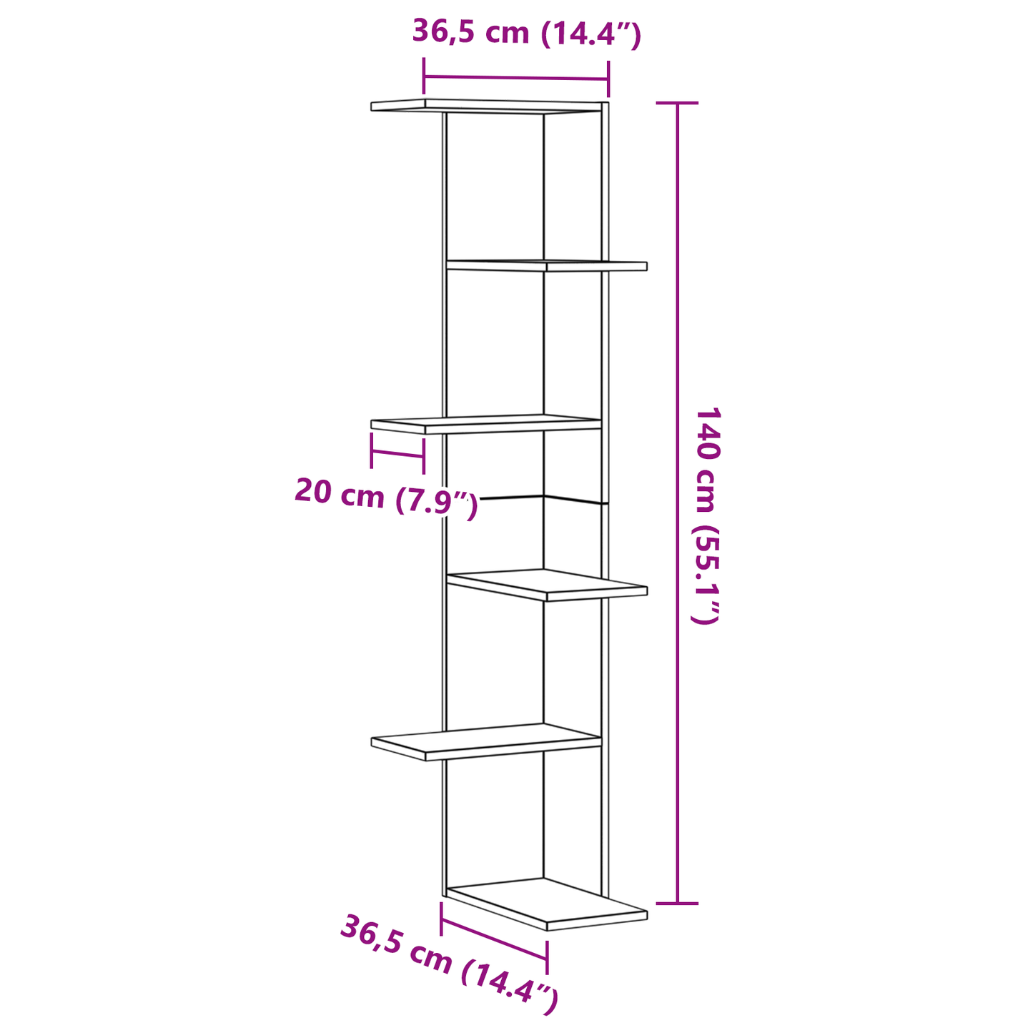 Væghjørneshylde Sort Eg 36,5X36,5X140 Cm Konstrueret Træ