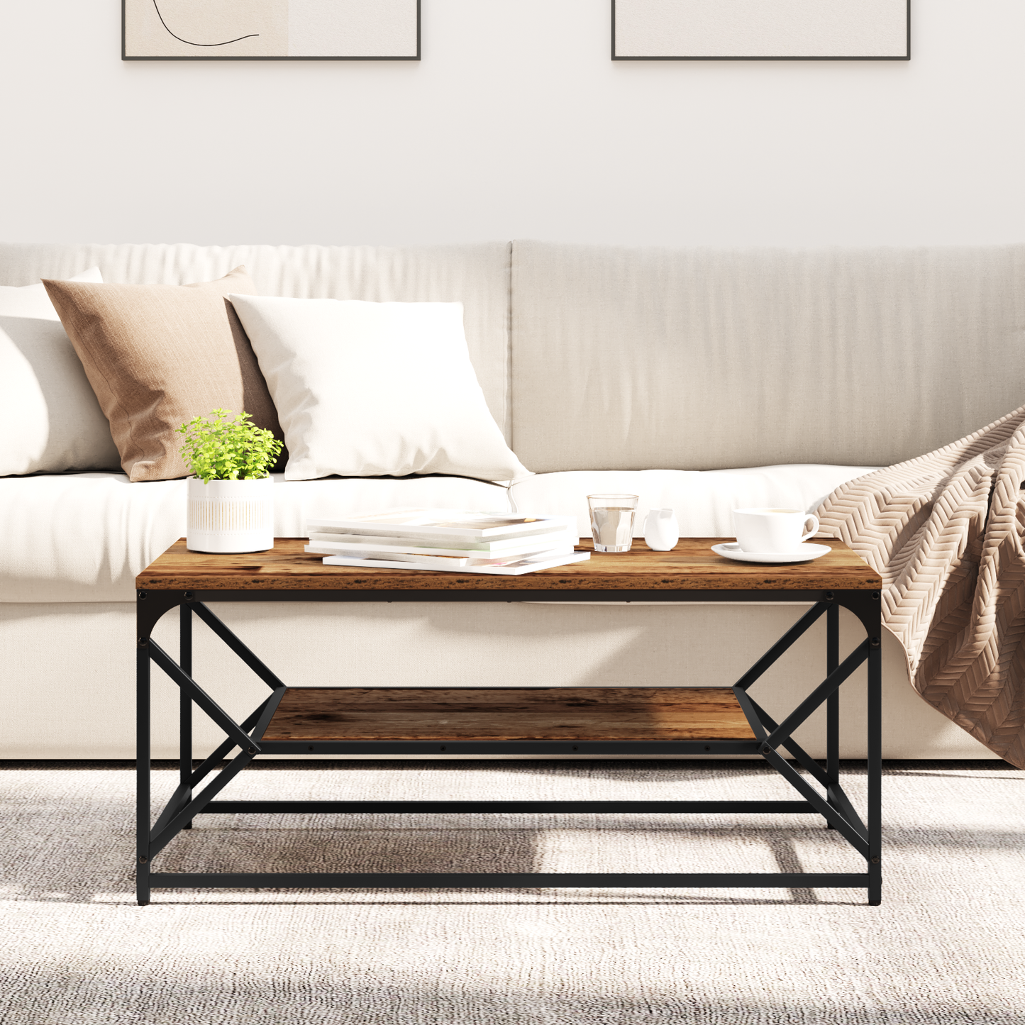 Sofabord Med Hylde I Gammelt Træ 90X50X40 Cm - Konstrueret Træ