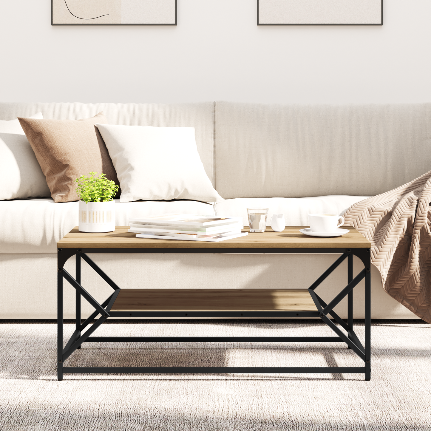 Sofabord Med Hylde I Artisan Eg 90X50X40 Cm Lavet Af Træ