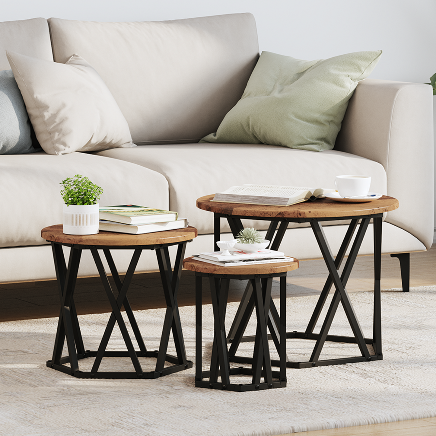 Sammenklappelige Sidetable 3 Stk. Gammelt Træ Ingeniørtræ