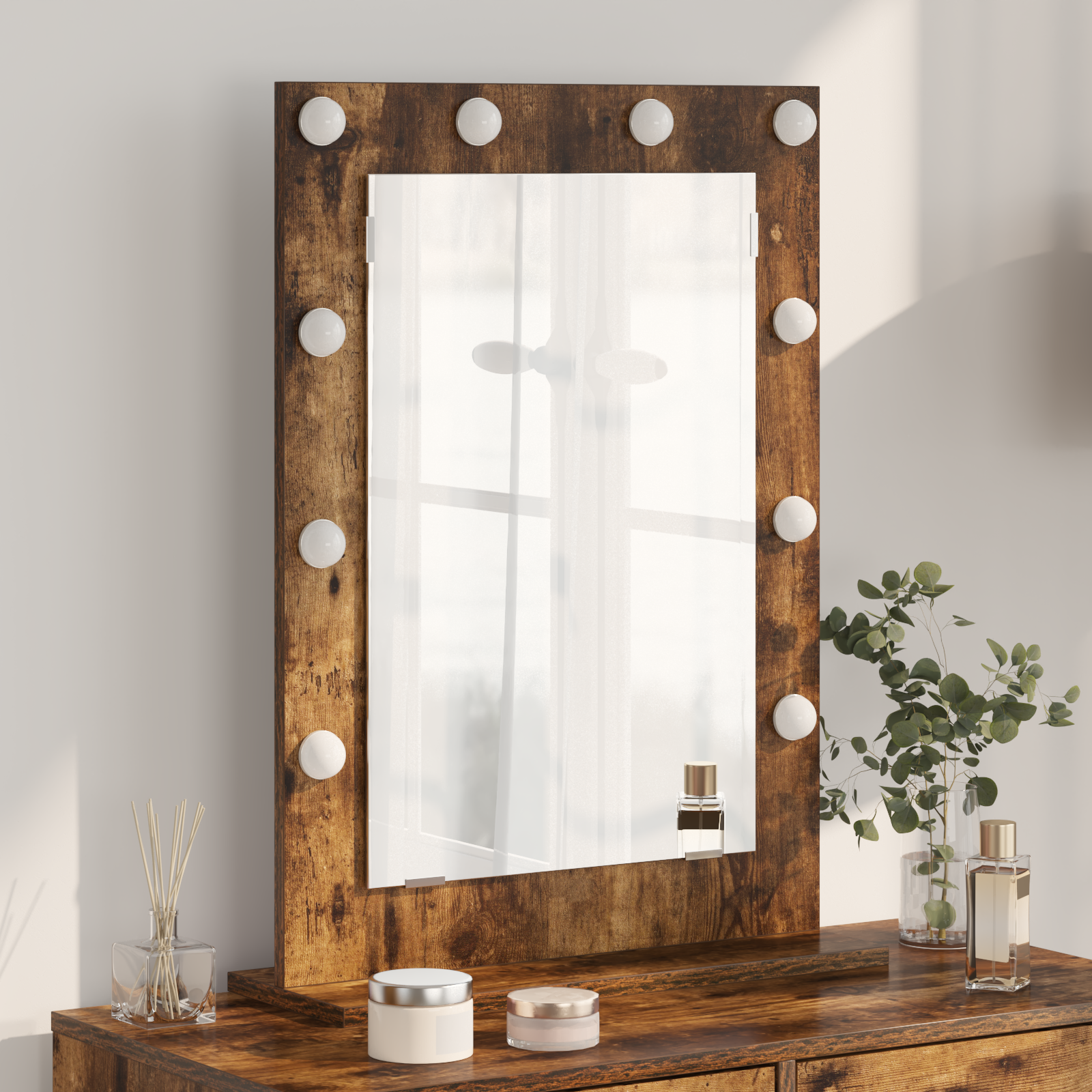 Vaskeskab Spejl Med Led -strimmellys Røget Eg 70 X 50 X 18 Cm - Hovedbillede