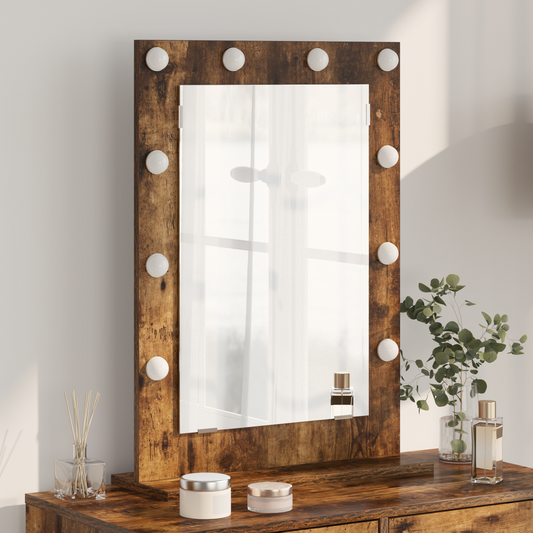 Vaskeskab Spejl Med Led -strimmellys Røget Eg 70 X 50 X 18 Cm - Hovedbillede